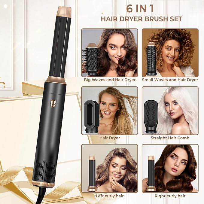6 in ONE Hair Dryer Brush, Blow Dryer Curling Wand Hair Styling Tools Set, Ionic Hot Air Massage Oval Blowout Hair Dryer, Left&Right Hair Styler 100-120V