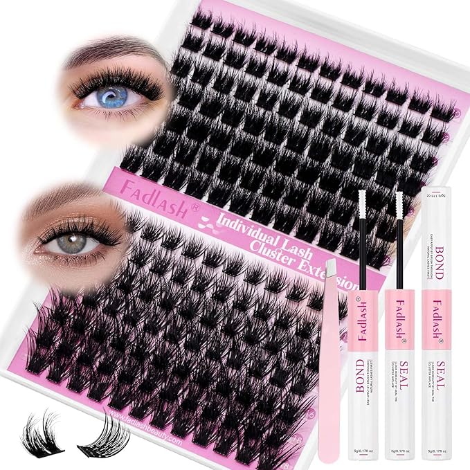 FADLASH Lash Extension Kit Lash Clusters Kit 10-18mm Eyelash Cluster Lashes with Lash Bond and Seal Lash Tweezers DIY at Home (KLS240+KLS253-07D-10-18 Kit)