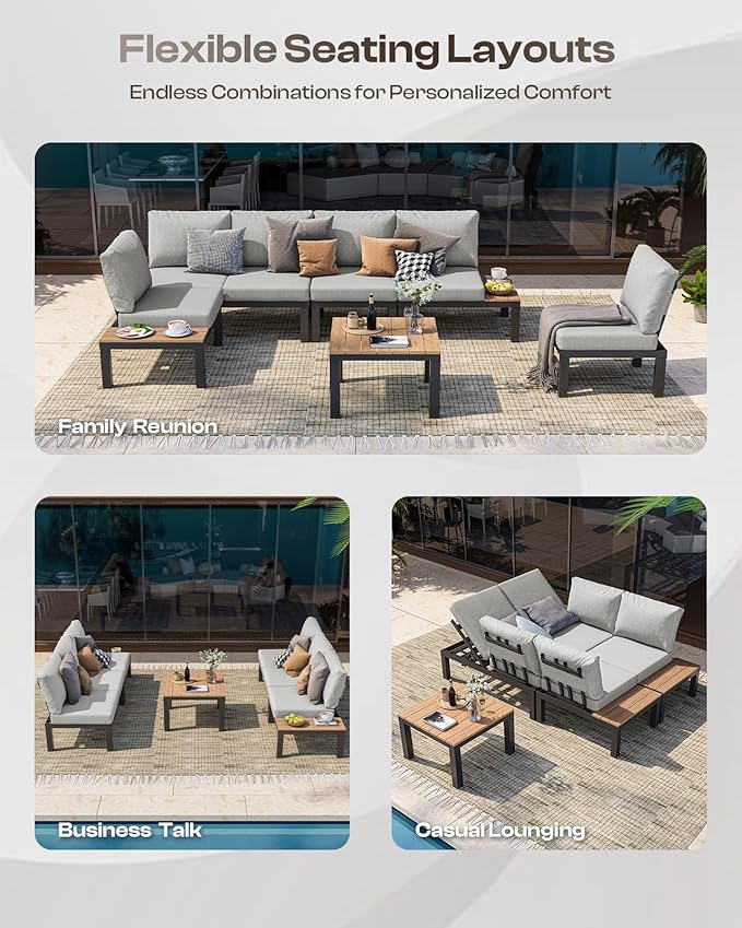 Oasbira Aluminum Outdoor Patio Furniture Set, 4 Seats Modular Patio Sectional Sofa Set with Adjustable Backrest & Removable Cushions, All-Weather Outdoor Conversation Sets for Garden & Yard, Gray