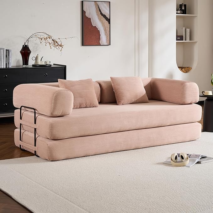 ZEIINPA Convertible Folding Couch Bed, Comfy Corduroy Sleeper Floor Sofa Bed with Fixed-Shape Frame, Floor Sofa with Armrest, Lounge Couch for Living Room Bedroom Lounge Studio,Pale Pink