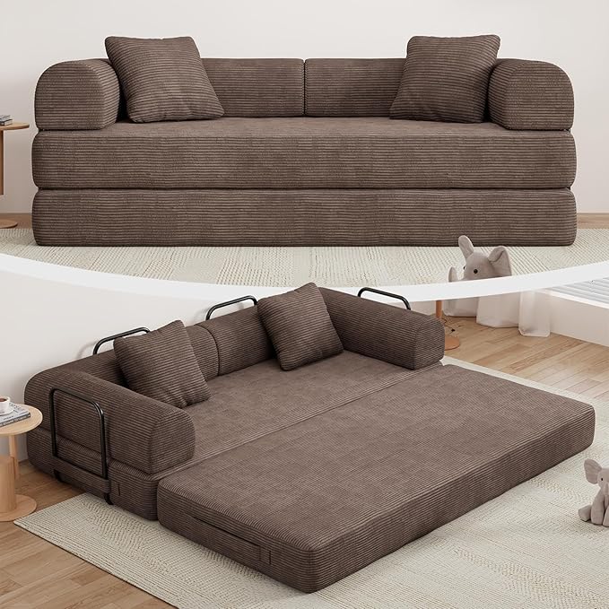 77" Convertible Sofa Bed, Modular Folding Futon Corduroy Floor Foam Compressed Loveseat Sleeper Sofa Couch, Pull Out Queen Size Couch Bed with 2 Pillows for Living Room Guest Room Studio, Brown