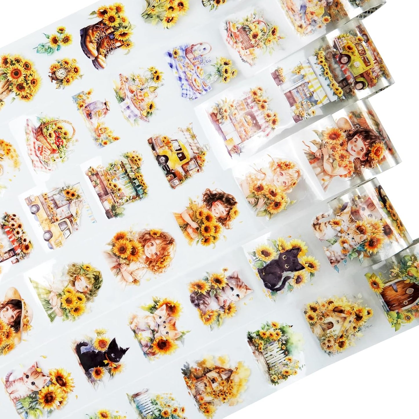 Blooming Sunflower PET Tape Set, 6 Rolls of Pre-Cut Floral Stickers for Journaling, Scrapbook Supplies, DIY Crafts, and Decorative Art