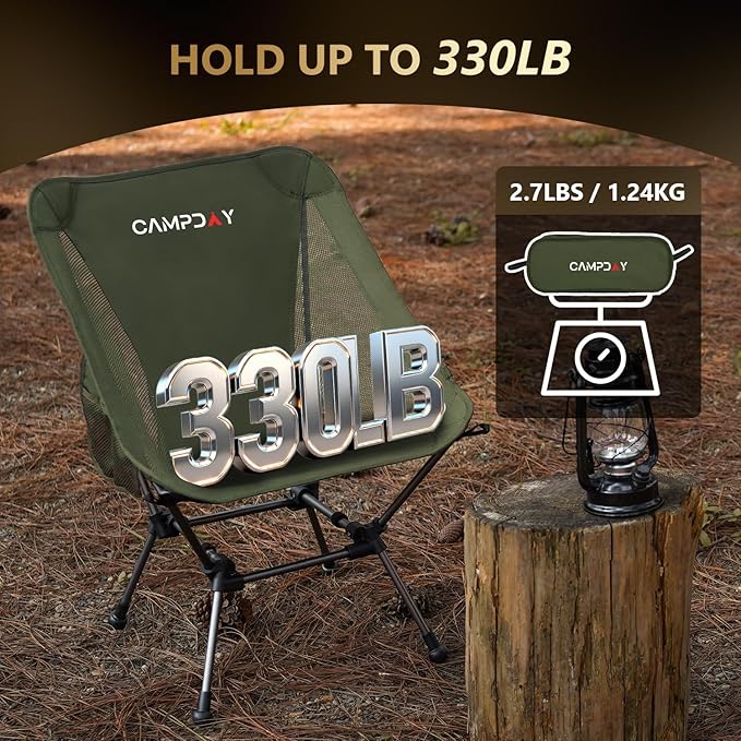 Campday Camping Chair Portable Hiking Ultralight Backpacking Small Lightweight Folding Chair for Outdoor Camp Hunting Beach Picnic Concert, Supports 330lbs (Green,1PCS)