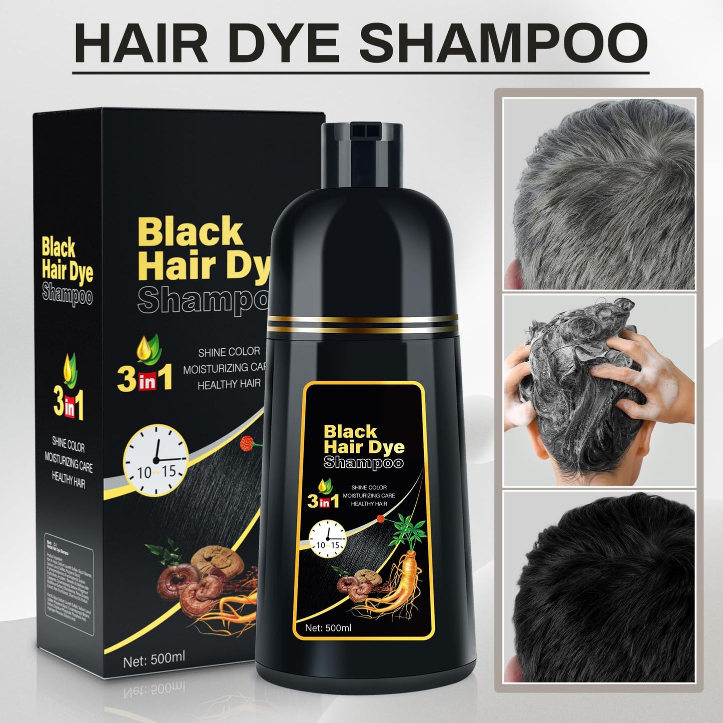 Black Hair Dye Shampoo 3 in 1 Champu Para Canas for Gray Hair Coverage, Natural Herbal Black Hair Color Shampoo for Women, shamp