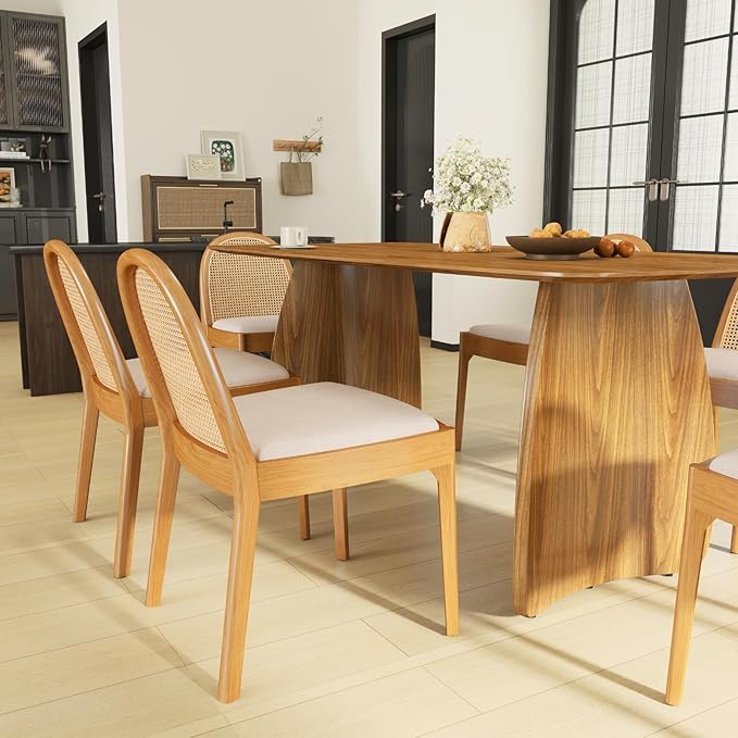 HEAH-YO Rattan Dining Chairs Set of 2, Upholstered Linen Dining Room Chairs with Backrests, Modern Kitchen Chairs with Wood Legs for Dining Room, Beige