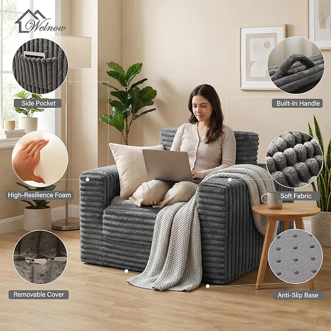 Welnow Folding Sofa Bed with Ottoman, Convertible 2-in-1 Boneless Couch Futon Lounge Chair Bed for Adults, Comfy Fold Out Sleeper Sofa for Small Spaces, Living Room, Bedroom, or Dorm, Dark Grey