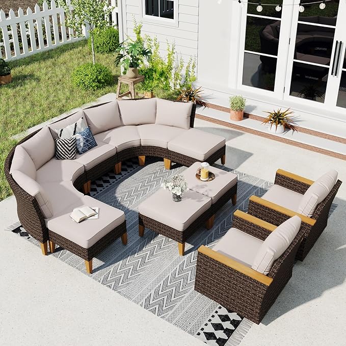 Sophia & William Half Moon Patio Furniture Set with Swivel Chairs, 11 Piece Curved Outdoor Sectional Sofa Modular Wicker Patio Conversation Couch Set for Deck Backyard Lawn, Beige