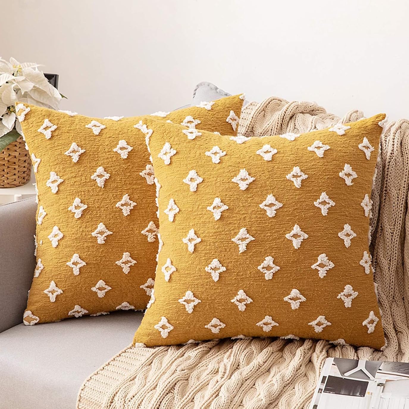MIULEE Set of 2 Decorative Throw Pillow Covers Rhombic Jacquard Pillowcase Fall Soft Square Cushion Case for Couch Sofa Bed Bedroom Living Room, 20x20 Inch, Yellow