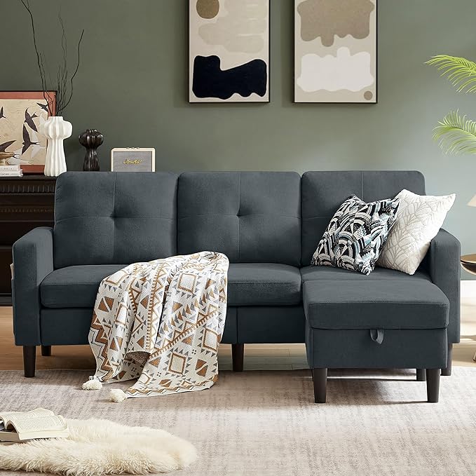 Pingliang Home Sectional Sofa Couches for Living Room, Modular 3 Seats Sectional Sofas L Shaped Couch with Storage and Reversible Chaise, Linen Fabric, 79" (Dark Grey)