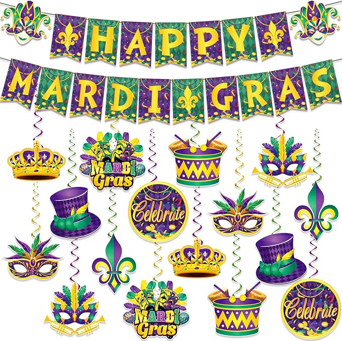 34Pcs Mardi Gras Party Decorations, Mardi Gras Banner and Masquerade Hanging Decorations, Mardi Gras Party Supplies Banner...