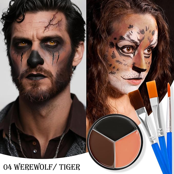 Black Brown Terracotta Face & Body Paint - Blendable Facepaint Foundation with Sponge & Brush for Skin, Professional Halloween Face Make-up Kit for Wolf Werewolf Tiger Deer Lion Beard Cosplay Costume