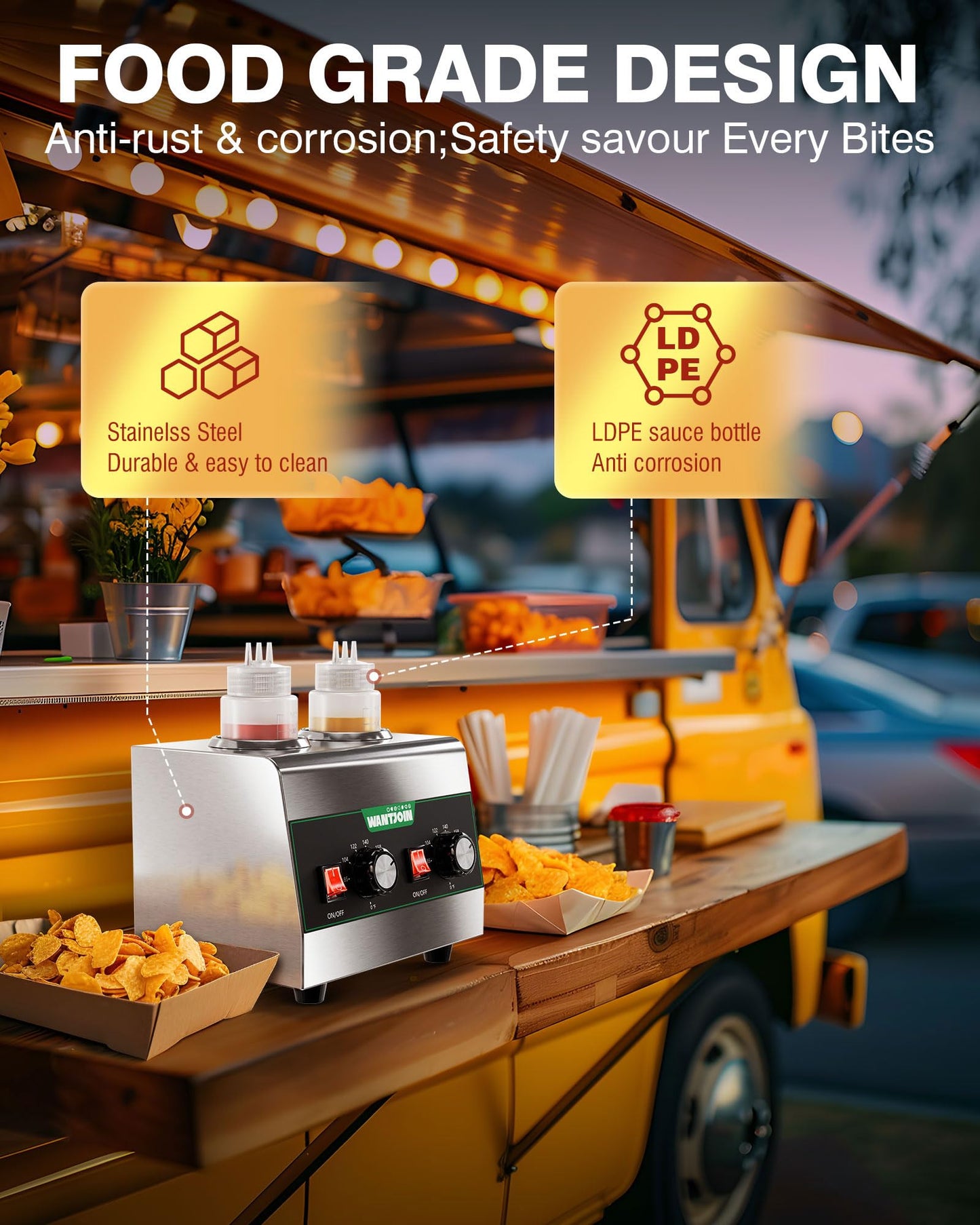 WantJoin Electric Sauce Warmer Dispenser Countertop Stainless Steel Sauce Heat Preservation Machine Hot Fudge Nacho Cheese Ketchup Chocolate Warmer for Commercial with 650ml Squeeze Bottle*2