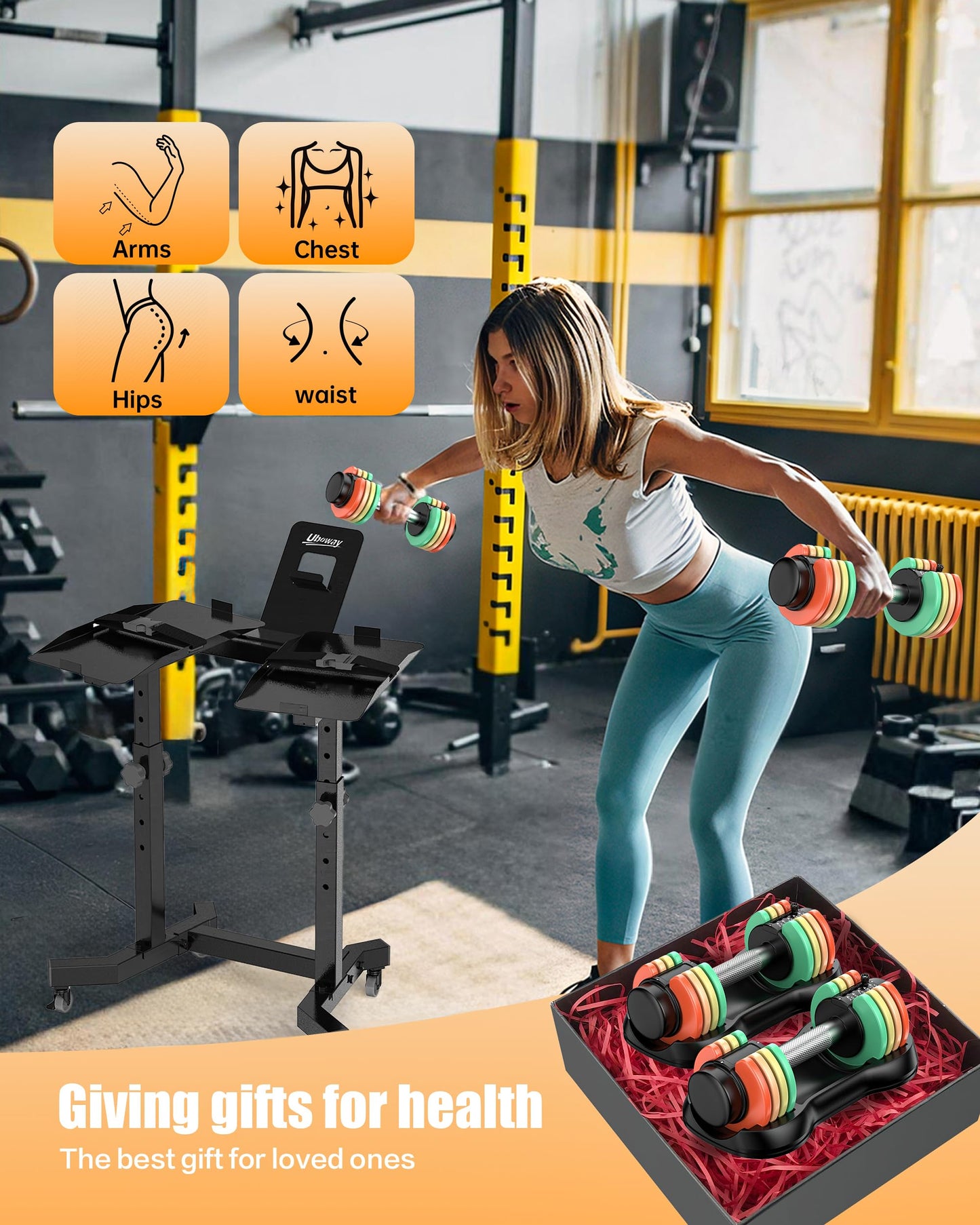 Uboway Adjustable Dumbbell Set 22.5lbs Pair, Dumbbells 4.5/9/13.5/18/22.5 lbs with Fast Adjust Weights Plates Storage Tray, Non-Slip Metal Grip for Home Gym Strength Training, 5-IN-1 Free Weight Set for Men Women