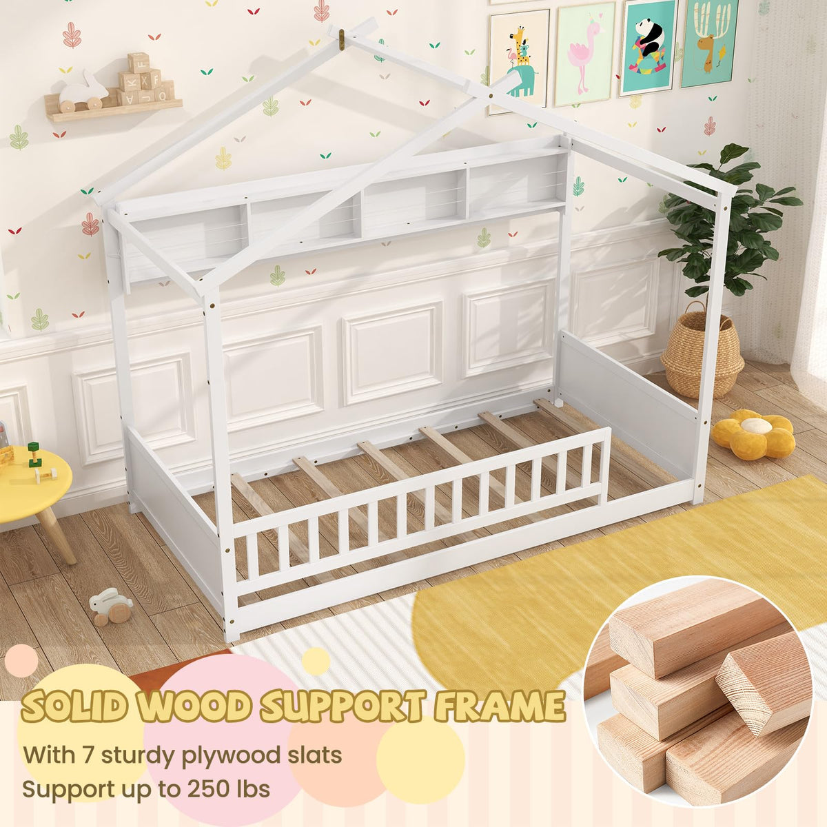 Giantex Twin Floor House Bed with Storage Shelf, Wood Twin Bed Frames with Headboard & Guardrail, Montessori Floor Bed Twin with Wooden Slat Support for Kids Boys Girls, Kids Bed, White