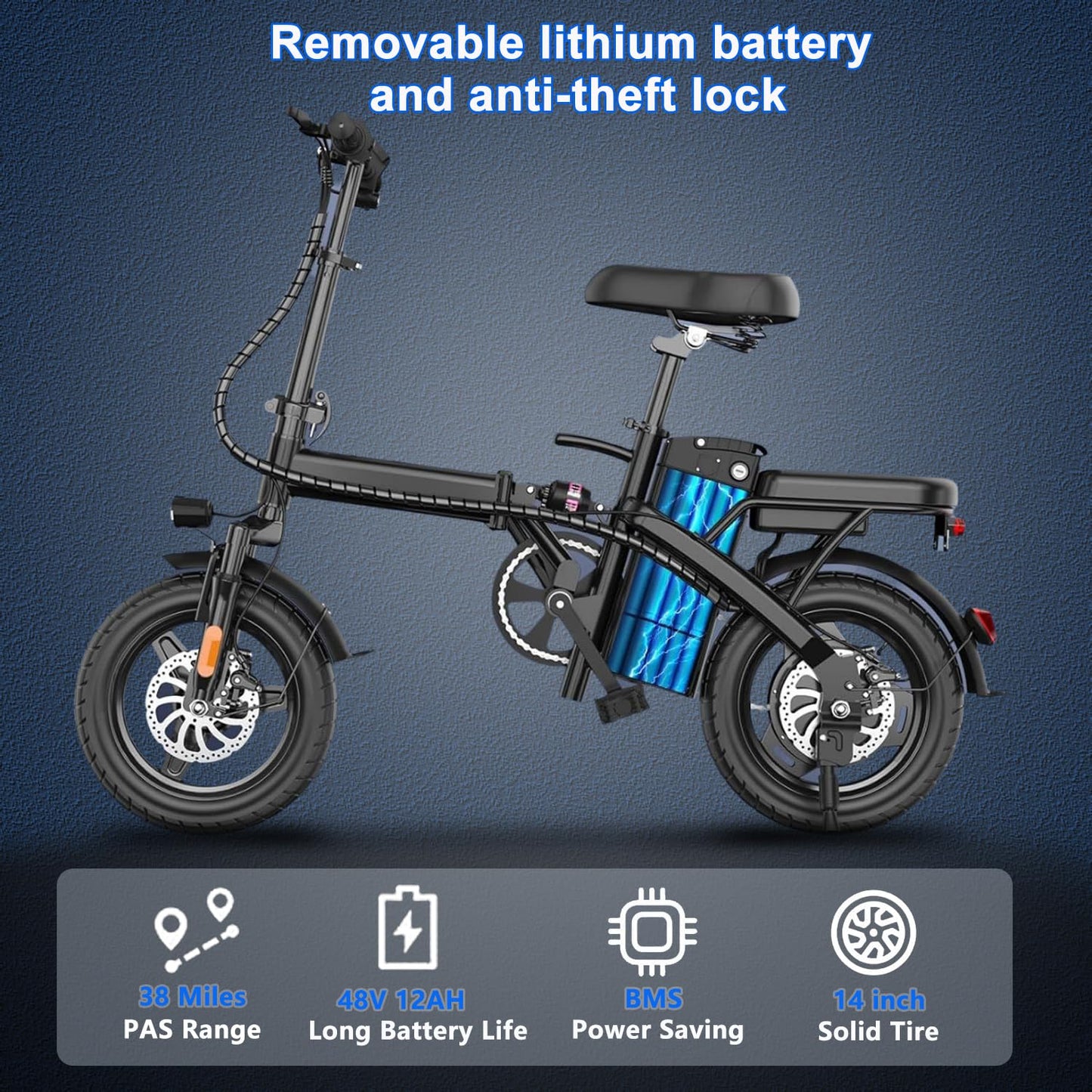 Electric Bike for Adults Peak 500W, 23MPH Max Speed Folding Electric Bicycles, 14" Mini Ebike Pedal Assist, 30° Uphill Shock Absorbers E-Bike, 48V12AH Removable Battery, Top 38 Miles PAS Range (W1)