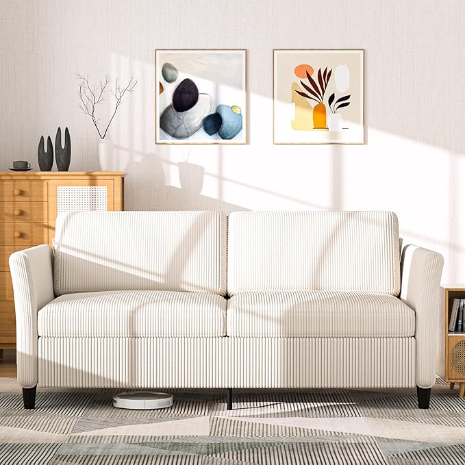 Valthie 79.1" Corduroy Loveseat Sofa, Modern Comfy Couches with Side Pocket, 3-Seater Sofa Couch for Living Room, Bedroom and Small Spaces,Beige