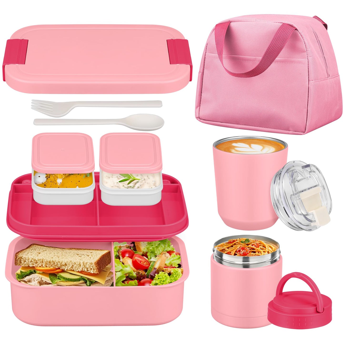 Large Bento Lunch Box Set for Adults Kids Women with 10.5oz Soup Thermo,Coffee Tumblers Men Girls Boys Teenagers Leak-Proof Lunch Food Containers with Lunch Bag
