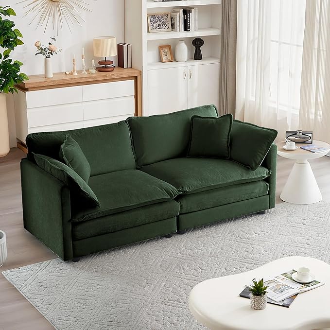 mikibama Luxury Loveseat Sofa Couch, 76" Modern Chenille Deep 2-Seat Cloud Couch with 2 Armrest Pillows & 2 Toss Pillows, Love Seat for Living Room Bedroom Office Apartment, Evergreen