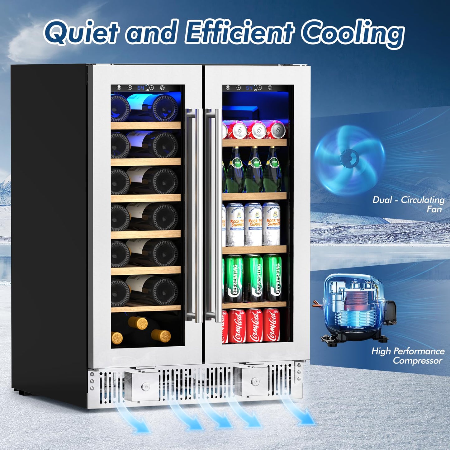 Antarctic Star 24-inch Wine & Beverage Refrigerator with LED Light & Door Lock, Dual-Zone Glass Doors, Smart Touch Panel, 21 Bottles & 88 Cans, Built-in/Freestanding for Home/Offices/Kitchen