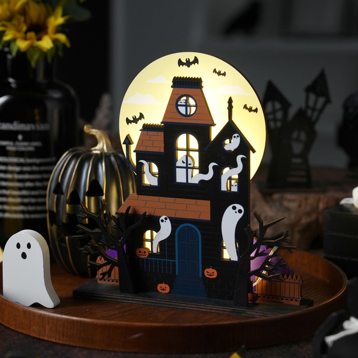 FESTGLOX Halloween Haunted House Decorations, Detachable Light Up Ghost House, Wooden Halloween Tabletop Decorations, Battery Operated Lighted Houses Village Indoor Spooky Decor
