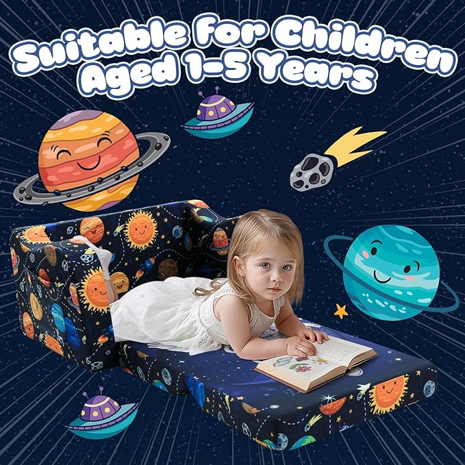 MeMoreCool Folding Kids Couch – 2-in-1 Toddler Sofa Bed & Lounge Chair | Astronaut Print | Fold-Out Design | Washable Cover | Ages 1–3