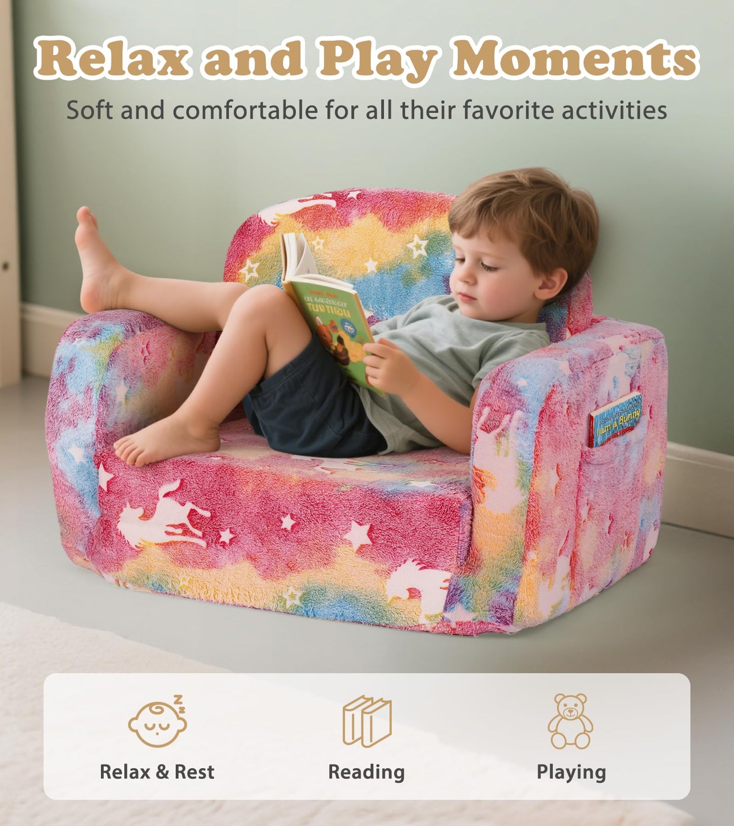 Kids Couch, 2-in-1 Soft Toddler Couch Fold Out with with Blanket and Cloud Pillow, Glow in The Dark, Toddler Chair Comfy, Convertible Sofa to Lounger, Gifts for Kids Girl Boys, Medium Pink Unicorn