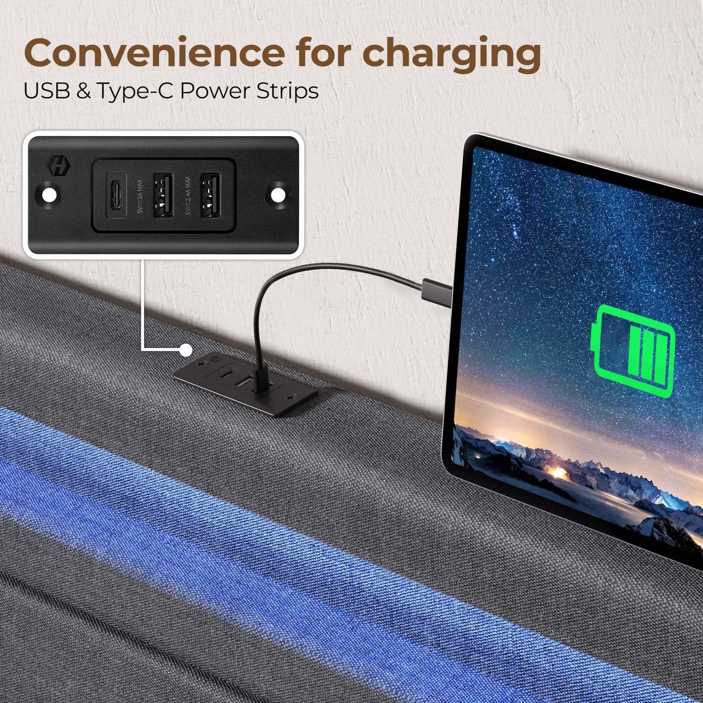 Rolanstar Bed Frame Twin Size with LED Lights and Charging Station, Upholstered Bed with Motion Activated Night Light and Wood Slats, Dark Grey