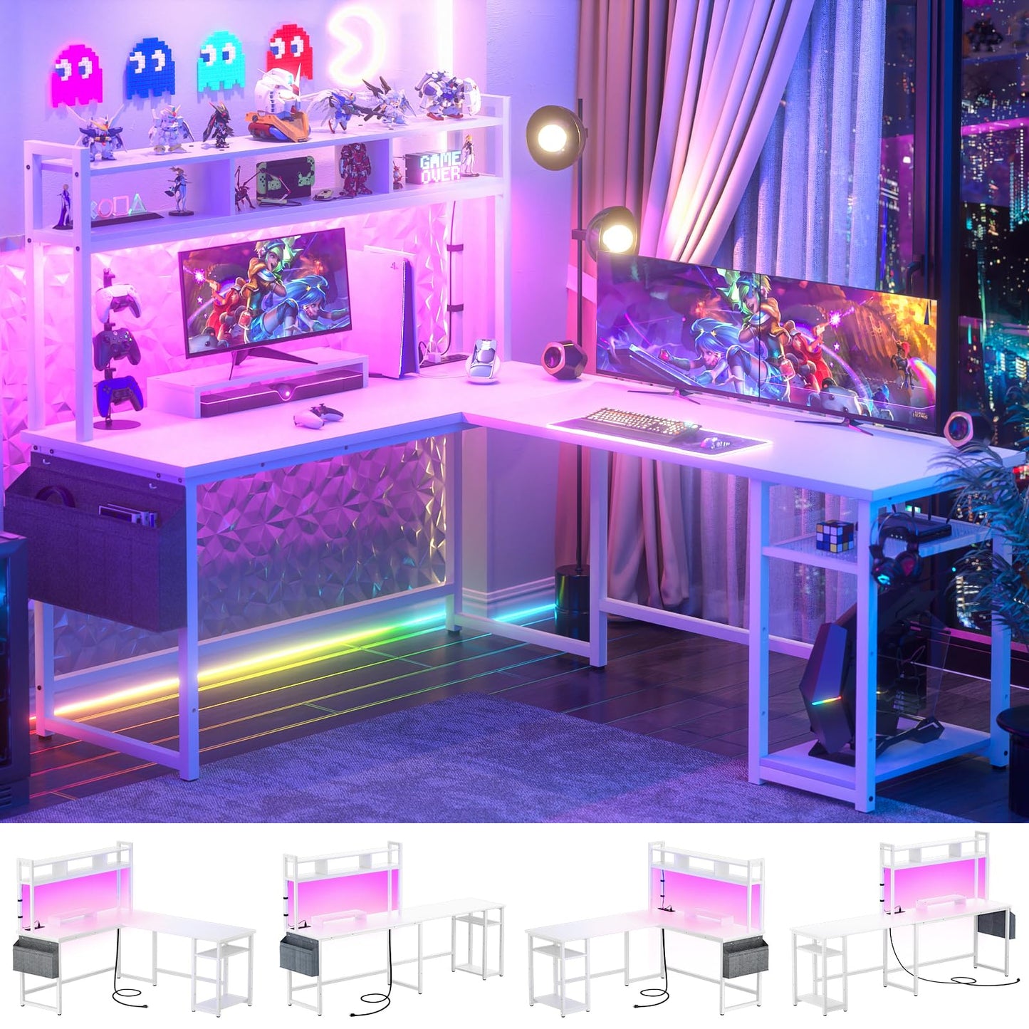 Aheaplus L Shaped Gaming Desk, Reversible 59" and 86" Computer Desk with Power Outlet & LED Strip, Large Gaming Desk with Storage Shelf & Monitor Stand, L Shaped Desk for Home Office, White