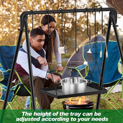 Rossesay Campfire Swing Grill Stand Adjustable Grill Cooking Stand Hanging Rack with 8 Hooks and Accessories Campfire Cooking Equipment for BBQ Picnic Outdoor Party(Normal Tray)