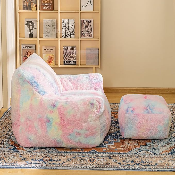 Cvortll Bean Bag Chair, Sherpa Accent Beanbag Chair and Ottoman Set, Fur Faux BeanBag Chair with Memory Foam Filled, Lazy Sofa Comfy Cozy BeanBag Chair for Dorm, Apartment, Living Room (Colorful)