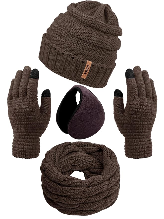 Aneco Winter Warm Sets Knitted Scarf Beanie Hat Touch Screen Gloves and Winter Ear Warmer for Men or Women