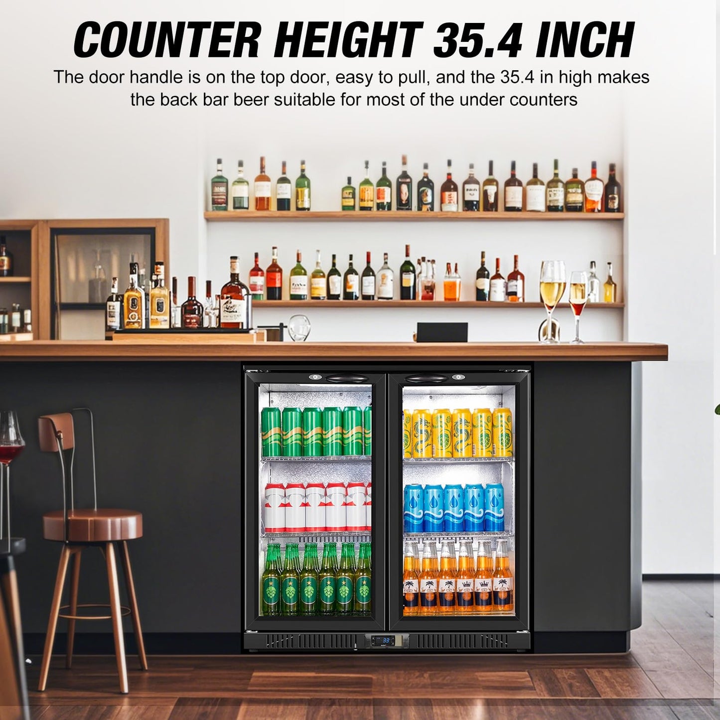 Beverage Refrigerator Under Counter, Back Bar Cooler with 2 Glass Door, Commercial Display Fridge 35.42 Inch Wide 7.4 Cu.Ft, Drink Fridge for Beer Soda Wine, Beverage Cooler for Kitchen Shop Bar