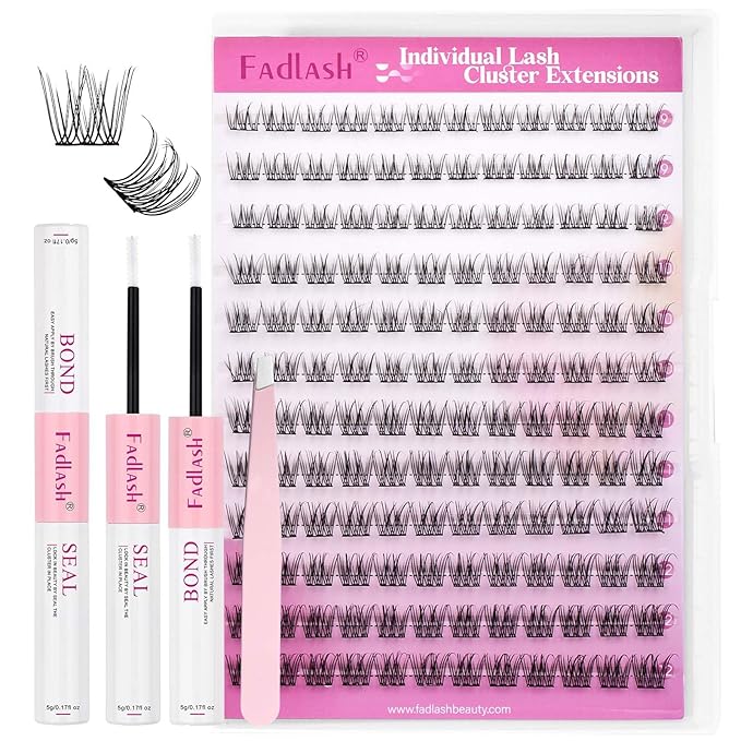 FADLASH Natural Lash Extension Kit Lash Clusters Kit 9-12mm Cluster Lashes Eyelash Exctensions with Lash Bond and Seal and Lash Tweezers DIY at Home (SLYW Kit)