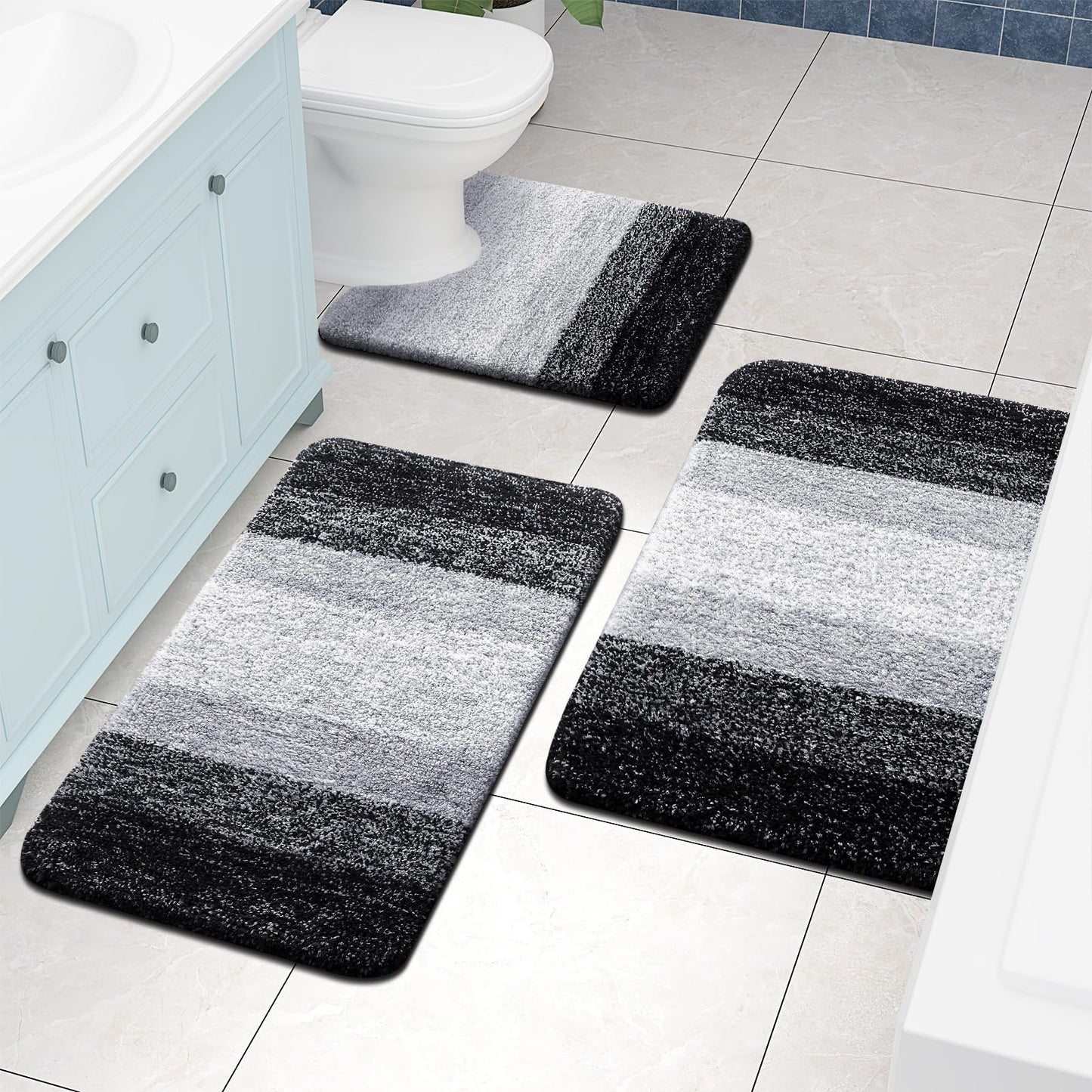 Arotive Bathroom Rugs Sets 2 Piece, Shaggy Soft and Absorbent Microfiber Bath Rugs, Non-Slip, Machine Washable Dry Bath Mats for Bathroom, 30x20 and 24x16,Black