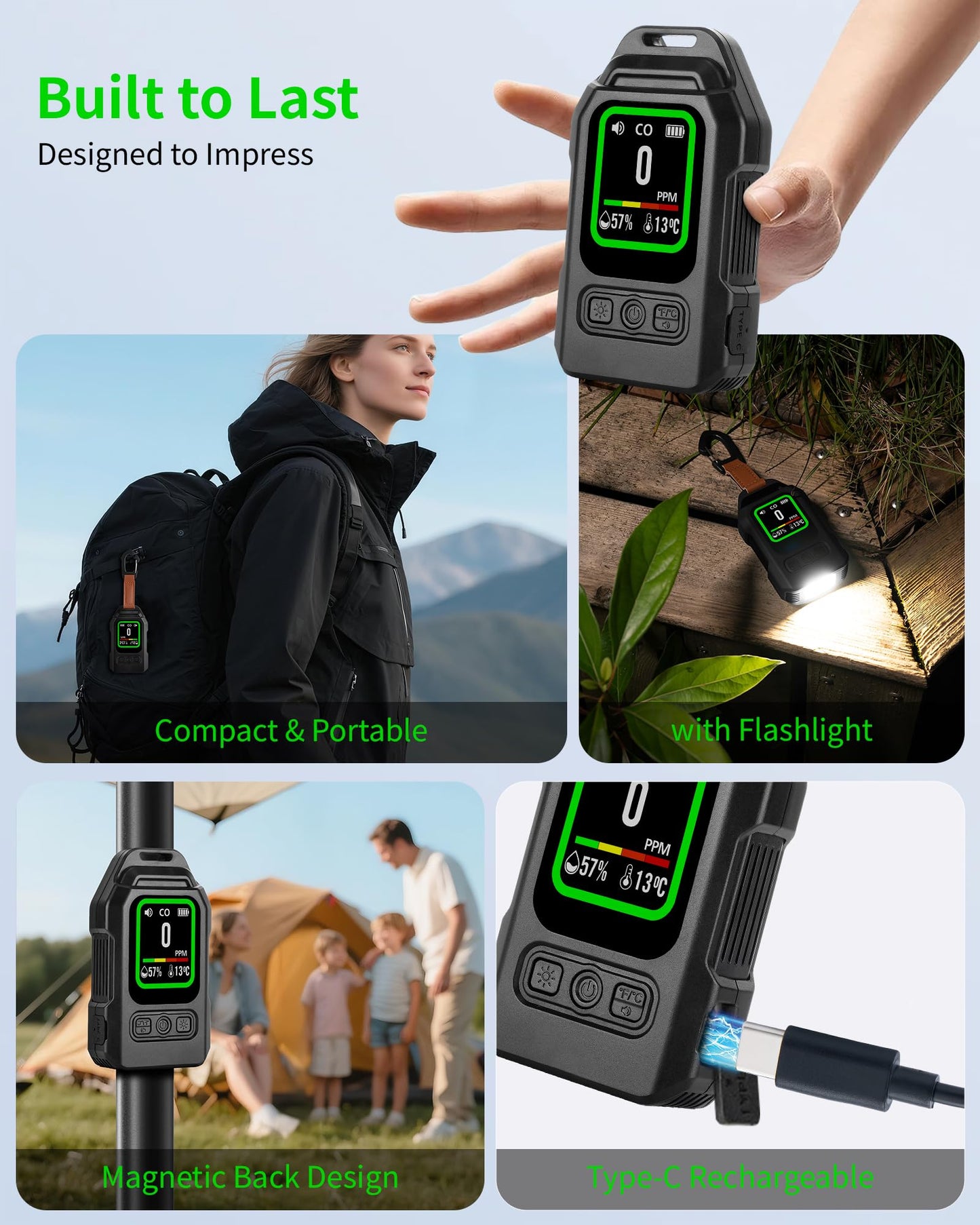 Portable Carbon Monoxide Detectors for Travel, 3-in-1 CO Detector with Magnetic Back, 300H Standby, Rechargeable CO Detector with Temp/Hum Audible & Visual Alarm for Camping Hotel Travel Tent Car RV