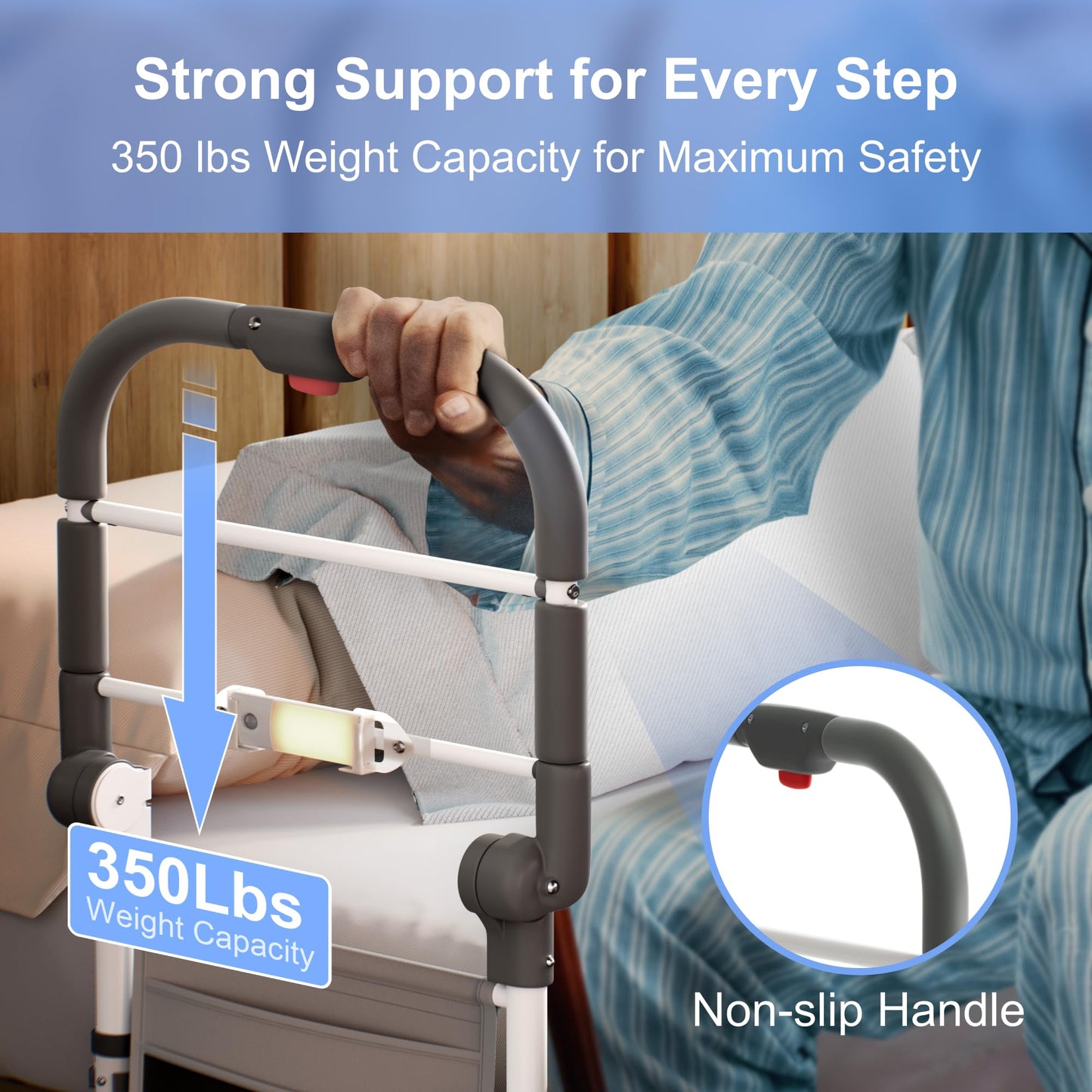 ONTHEWEI Bed Rails for Elderly Adults Safety – Foldable Bed Assist Rail with Adjustable Height, Non-Slip Handle, Motion Sensor Light & Storage Pouch, Fits King Queen Full Twin Beds, Supports 350 LBS