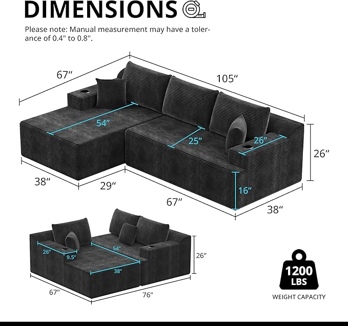 105" Cloud Sectional Couch with L-Shape Chaise, Modular Sectional Sofa with Deep Seat & 2 Cup Holders, Modern Corduroy Boneless Couches for Living Room, No Assembly Required, Left Facing Chaise, Black | Pet Friendly, Flexible Layout