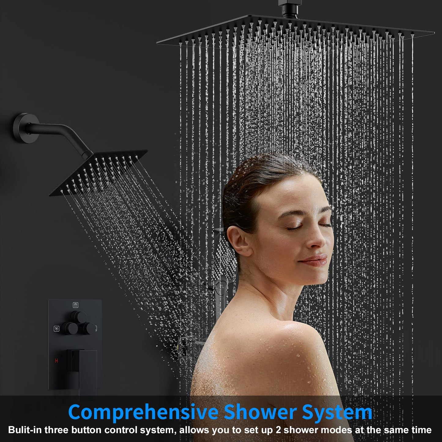 Shower Faucet Set, 12" Ceiling Mount Rainfall Shower System with 12'' Top Head+6'' Side Head and Multi-function Handheld Head Push Button Diverter Shower Faucet Trim Kit (12", Matte Black)
