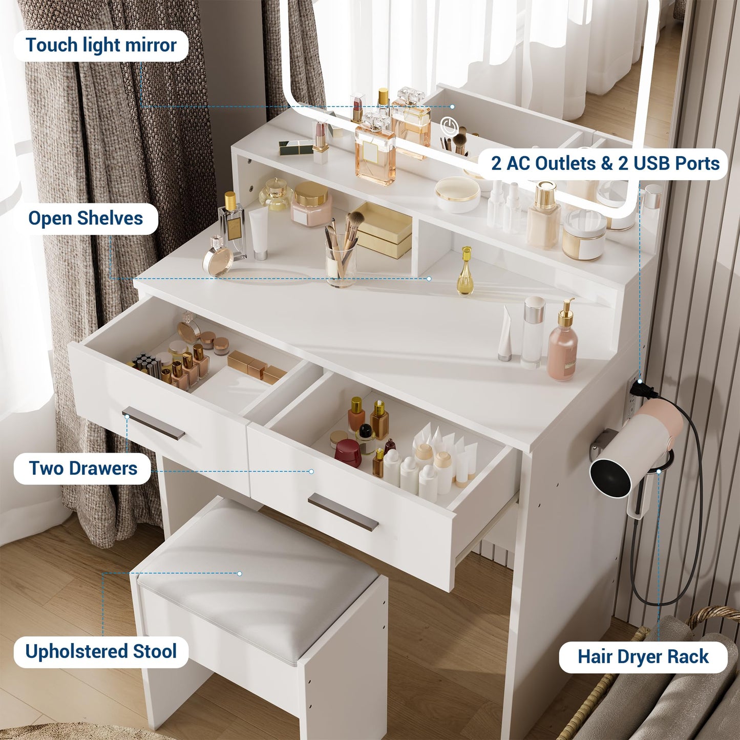 GarveeHome Vanity Desk with Mirror and Lights, 3 Color Modes Makeup Vanity with Cushioned Stool, 2 Drawers & Charging Station, Modern Dressing Table for Bedroom, Makeup Studio, White