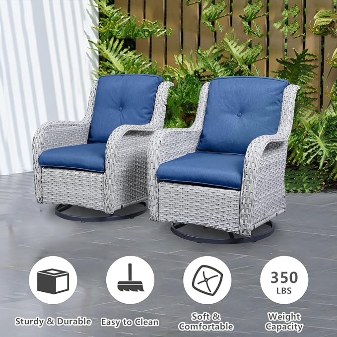 Belord 5 Piece Outdoor Patio Furniture Set - Patio Wicker Furniture Conversation Set, Outdoor Swivel Rocker Chairs with Loveseat Sofa and 2 Ottomans for Small Space, Blue Cushion