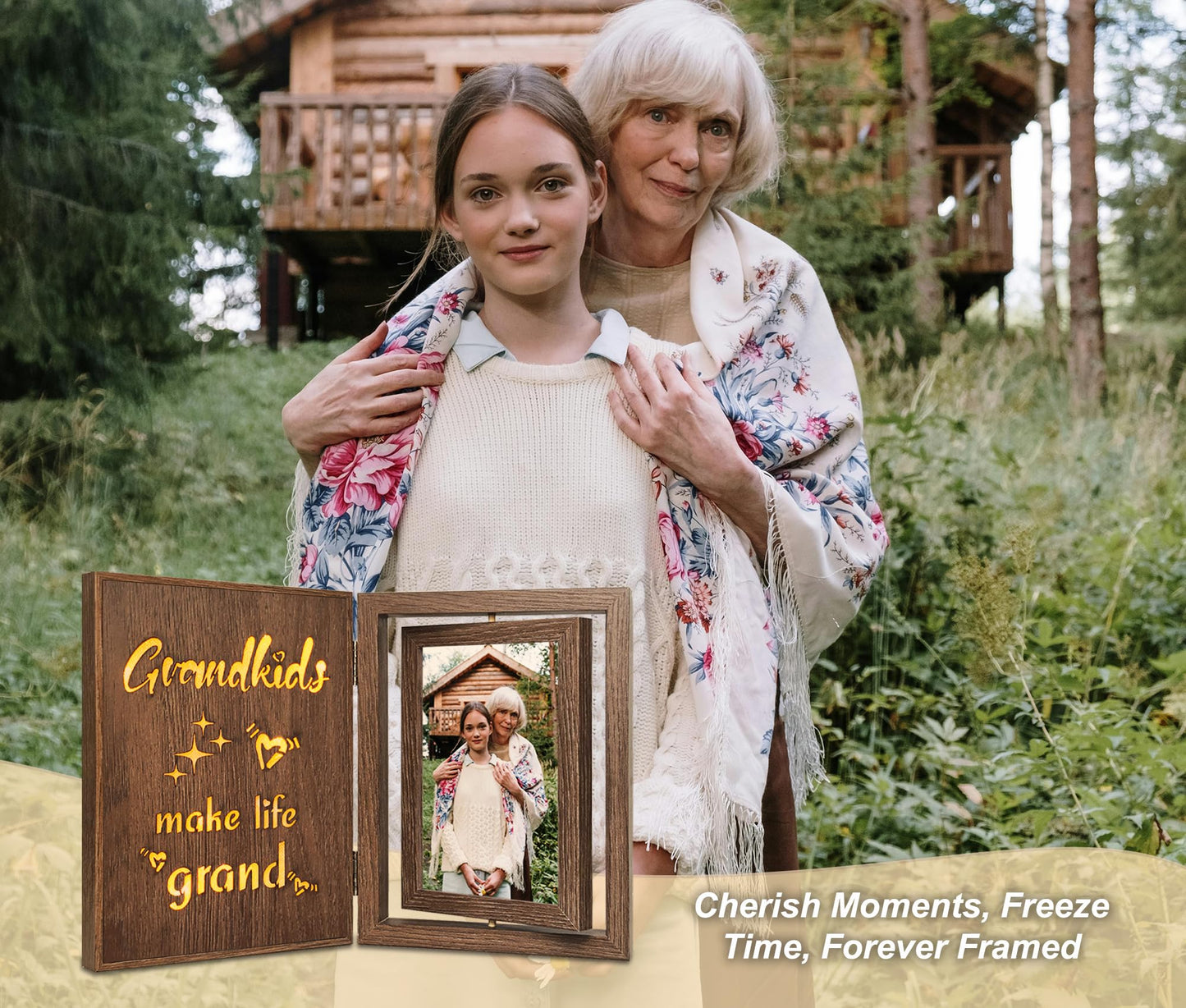 Grandkids Make Life Grand Light Up Photo Frame, Rotating Double-Sided 4x6 Vintage Wooden Grandma Grandpa Glowing Picture Frame, Gifts for Grandparents for Mother's Day, Father's Day, Christmas