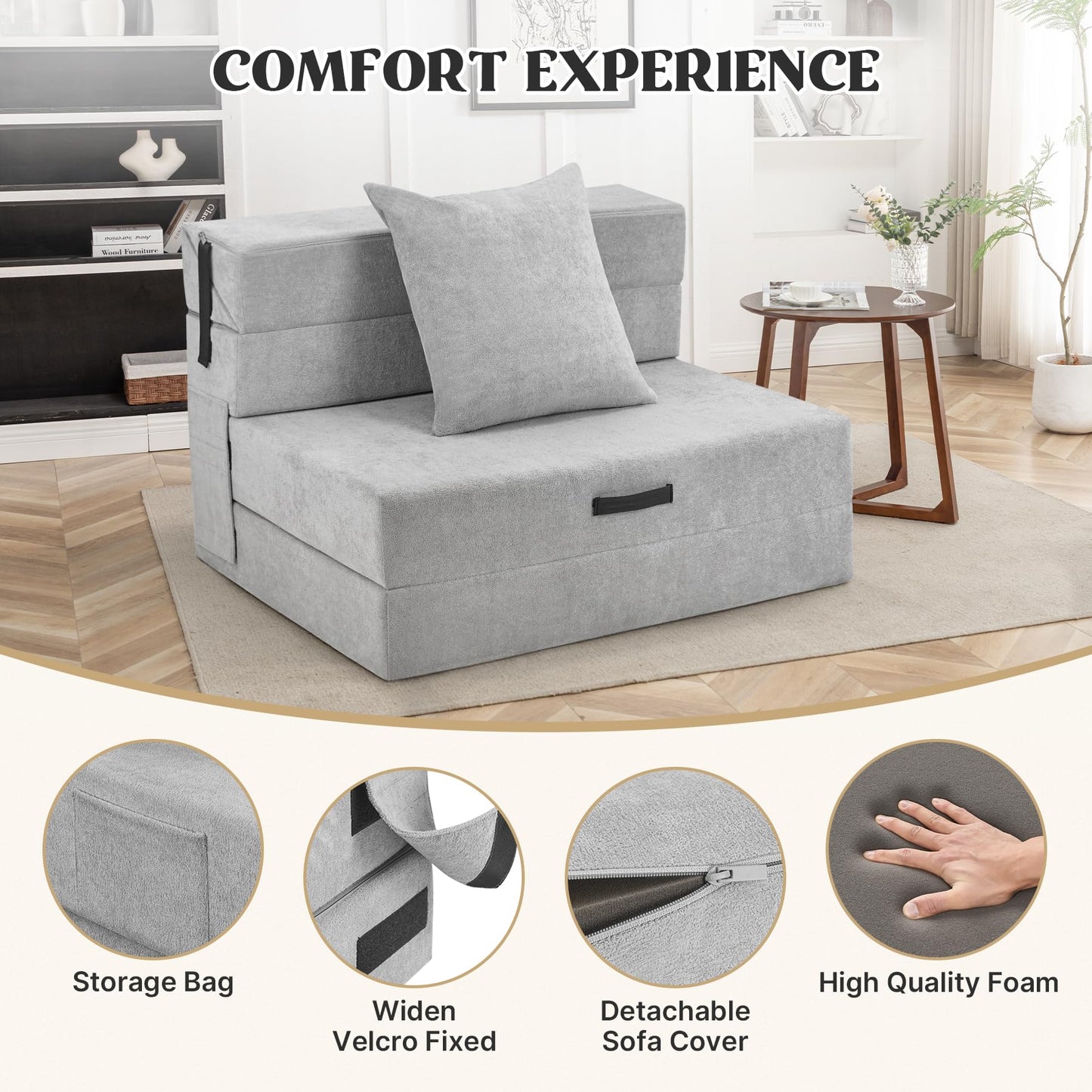 Aivermeil Folding Sofa Bed Couch Futon Sleeper Chair with Pillow, Convertible Futon Couch, Foldable Mattress, Washable Cover, for Living Room/Dorm/Guest Room, Single Size, Light Gray