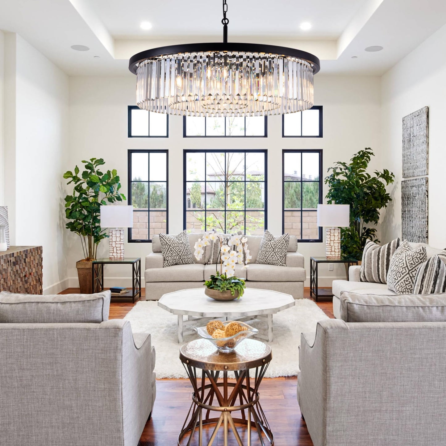 Wellmet Modern Black Crystal Chandelier, 33.5" Large 3-Tier Round Pendant Light with Adjustable Chain, 9-Light Luxury Crystal Ceiling Fixture for High Ceiling Foyer, Grand Living Room, Dining, Bedroom
