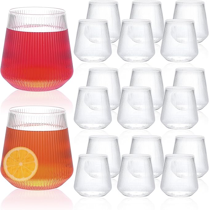 Kifmurase 20 Pack Plastic Ribbed Wine Glasses, 14OZ Origami Disposable Wine Glasses, Unbreakable Clear Plastic Cocktail Cu...