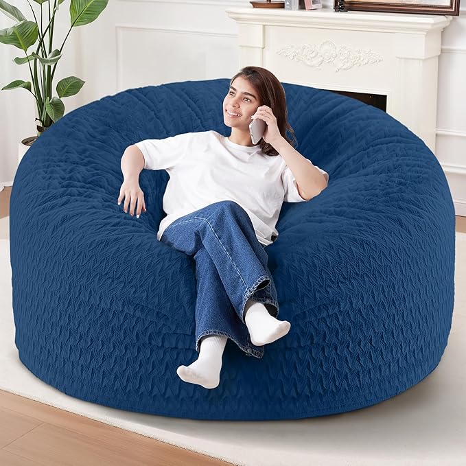6FT Bean Bag Chair,Giant Bean Bag Chairs for Adults,Big Bean Bags with Memory Foam Filled, Large Beanbag Chairs with Chevron Plush Cover-Blue