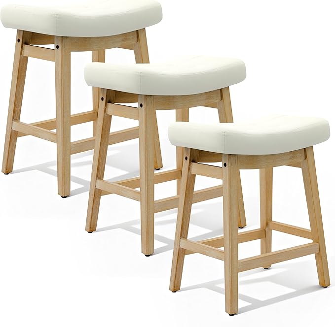 RNKSFX Counter Height Bar Stools Set of 3 for Kitchen Counter Backless Farmhouse Kitchen Island Barstools with Upholstered Faux Leather Saddle Seat and Solid Wood Legs Modern 24 inch Bar Chairs, White