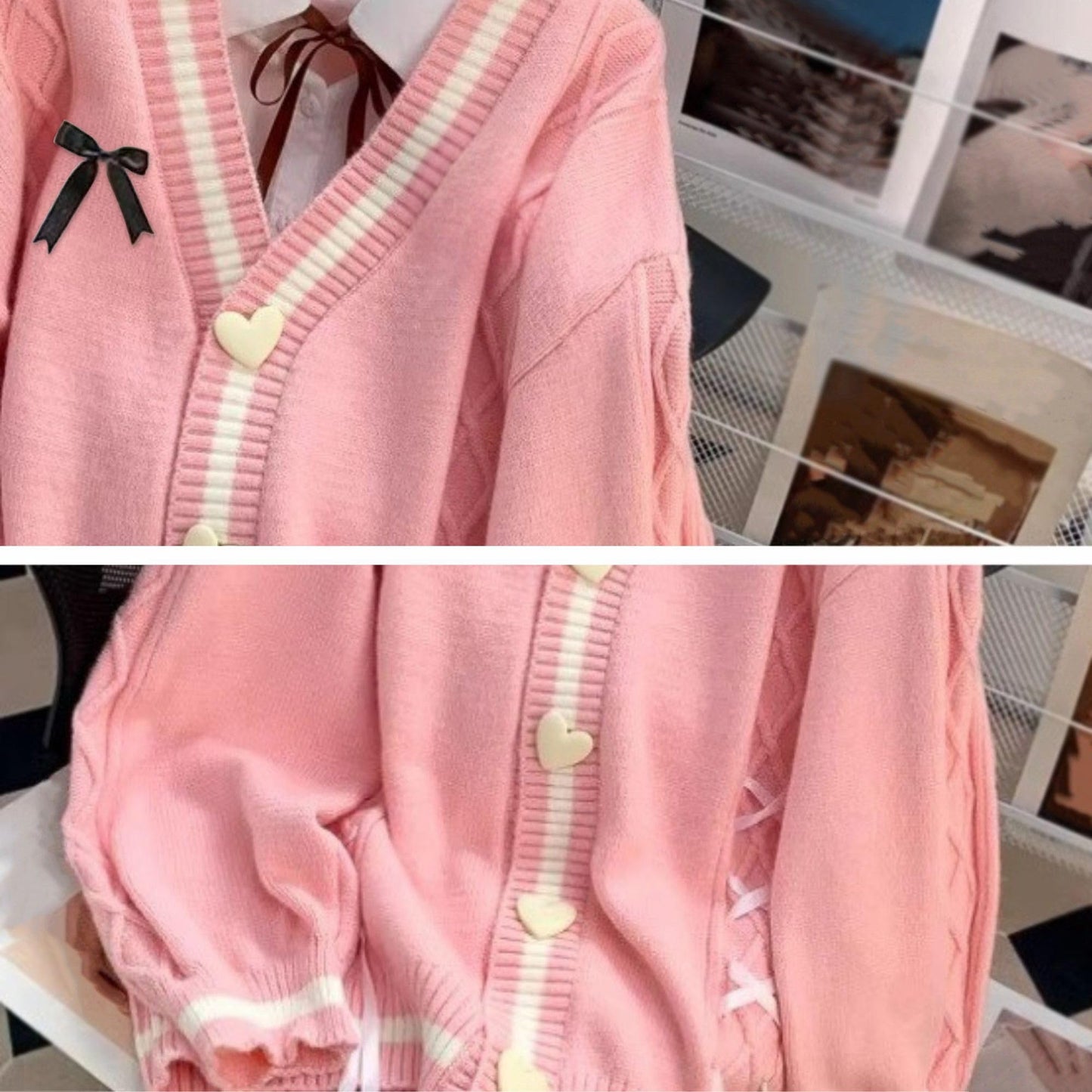 FindThy Women’s Cute Sweet Cardigan Sweater Kawaii Love Button Long Sleeve V-Neck Bowknot Knitted Outerwear(4060-03Pink-OneSize-LB)