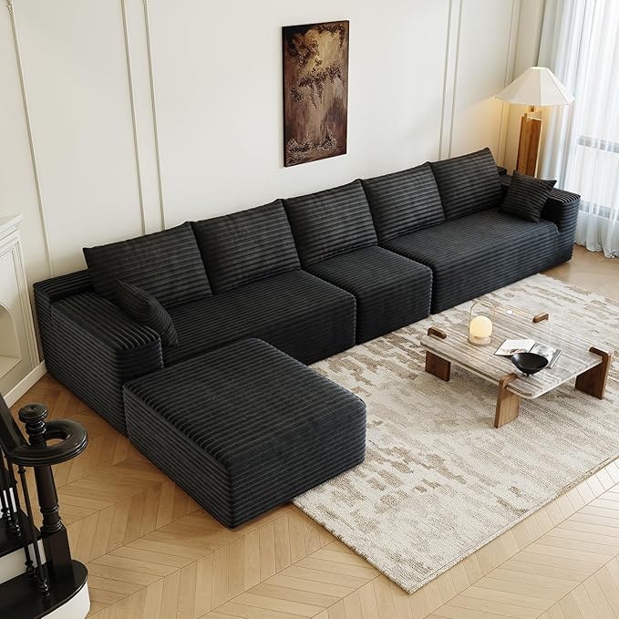 139.4" Modular Sectional Sofa, U-Shaped Minimalist Couches with Ottoman and Middle Seat, Modern Deep Seat Convertible Sleeper Sofa Bed, Reversible Chaise, Cloud Plush Corduroy Fabric,6 Seater, Black