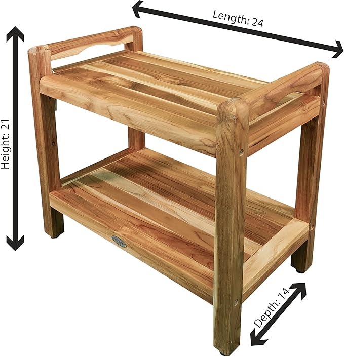 EcoDecors Eleganto 24 Inch Natural Color Waterproof Teak Wood Shower Bench Stool Seat Chair For Inside Shower Provides Safety, Storage, and Organization For Bathroom Accessories