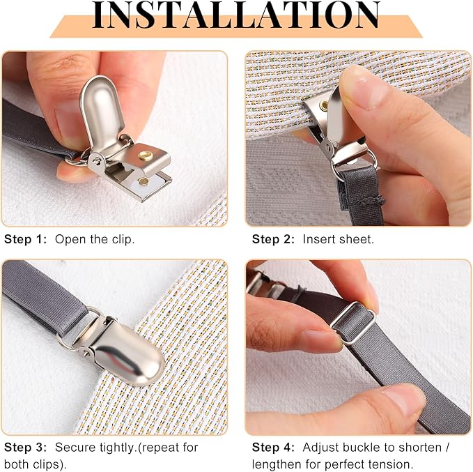 Boao 12 Pcs Bed Sheet Clips Straps Sheet Corner Straps Holder Adjustable Mattress Clips, Elastic Bed Grippers Suspender Fasteners Holder for Home (Grey,8-12 Inch Length)